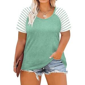 DOLNINE Striped Teal Tee Tunic Top Plus Size 28 W Soft Stretch Tee